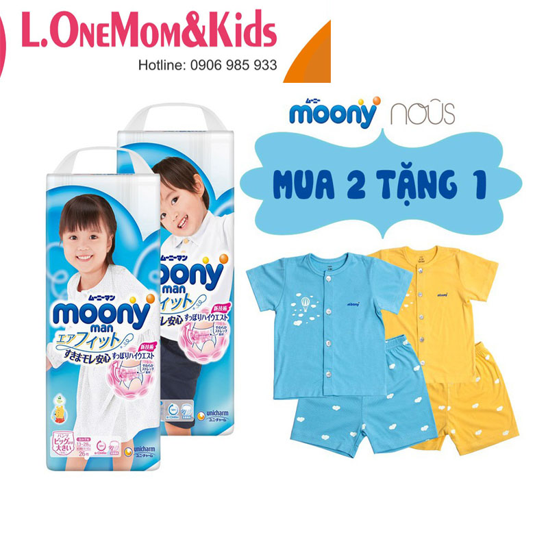 BỘ 2 GÓI TÃ DÁN MOONY SIZE NB90/S84/M65/L54/XL44[ TẶNG BỘ QUẦN ÁO NOUS 18-24M]