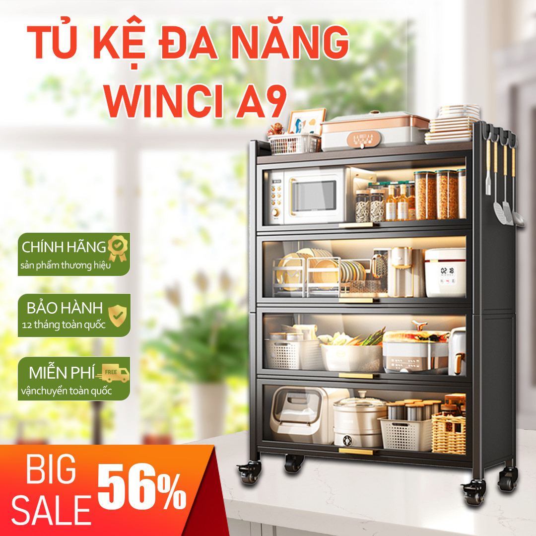 Kệ tủ để đồ nhà bếp Winci A9, Chất liệu thép không gỉ, cánh tủ trượt thu gọn.