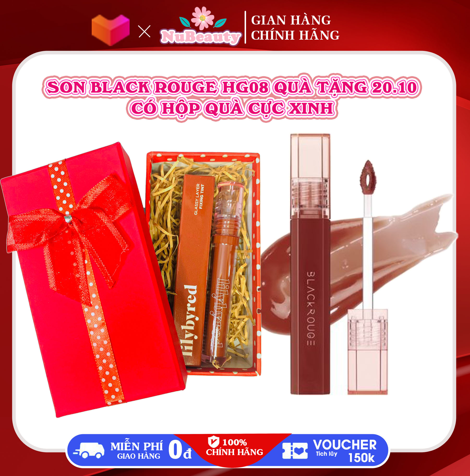 "Chính Hãng" HG08 Son Tint Bóng Siêu Lì Có Màu Son Black Rouge Half N Half Water Glow HG08, Son môi cực lì màu đỏ gạch cổ điểm, Hazelnut Syrup, màu cam cháy, đỏ nâu, đỏ hồng, Son bóng hồng môi - Nubeauty