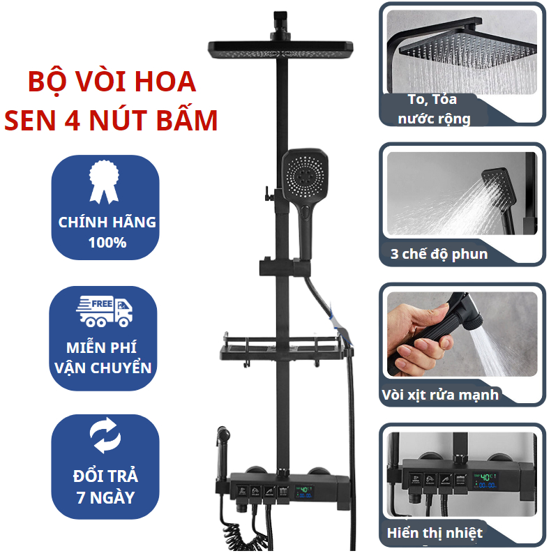 Bộ sen cây tắm đứng KAW nóng lạnh lõi đồng hiển thị nhiệt độ INOX 304 sơn tĩnh điện BH 12 tháng