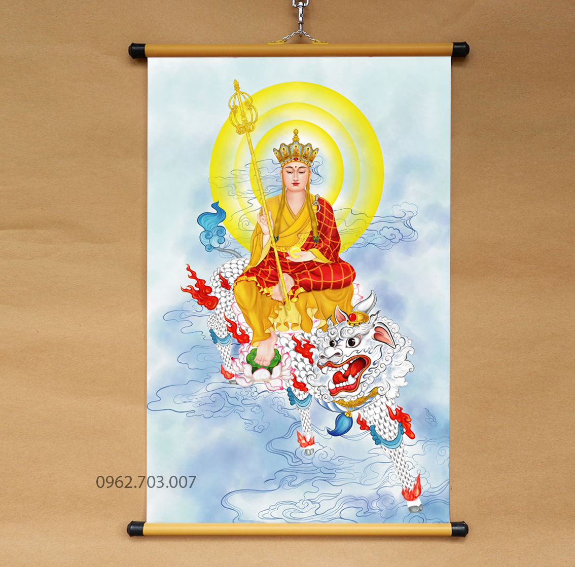 Tranh Địa Tạng Cưỡi Đề Thính treo tường bằng vải phủ bóng cao cấp dày dặn 40x60cm