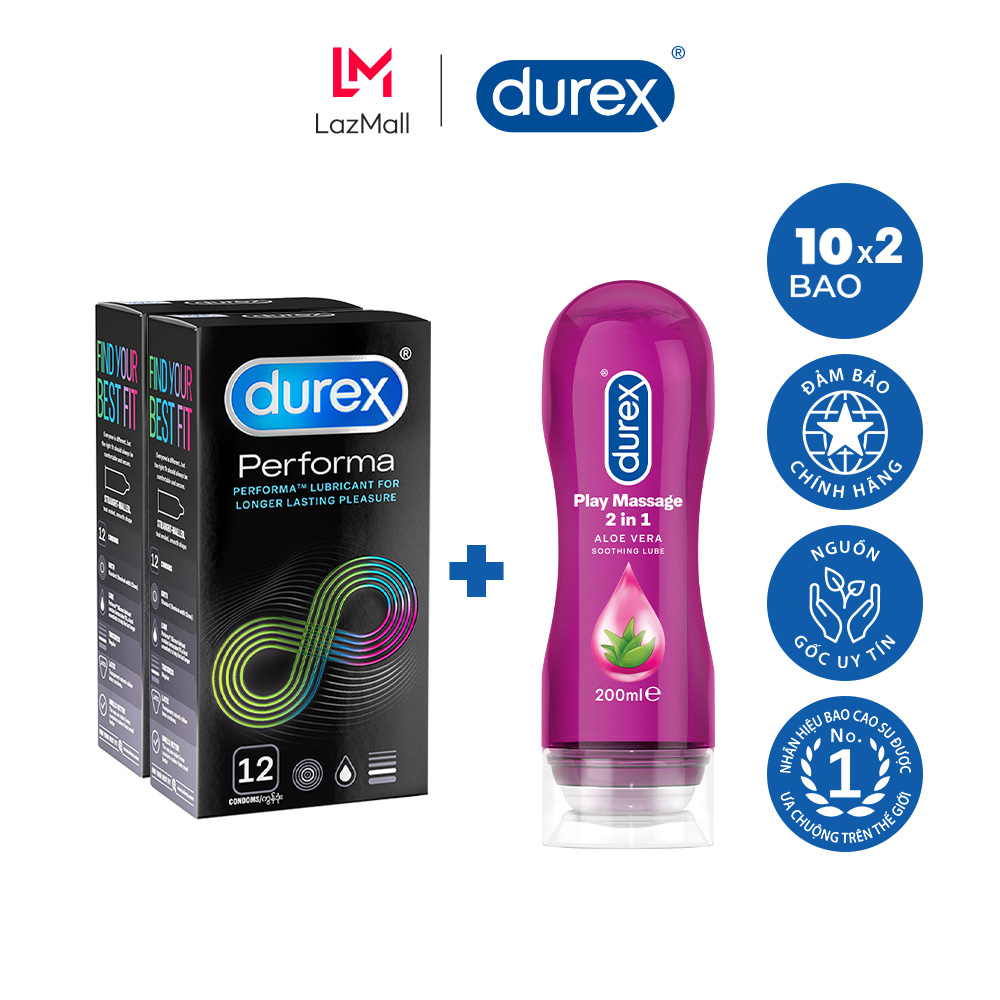 Combo 2 bao cao su Durex Performa 12 bao + 1 gel bôi trơn Play Massage 2 in 1 200ml (FBL) 1