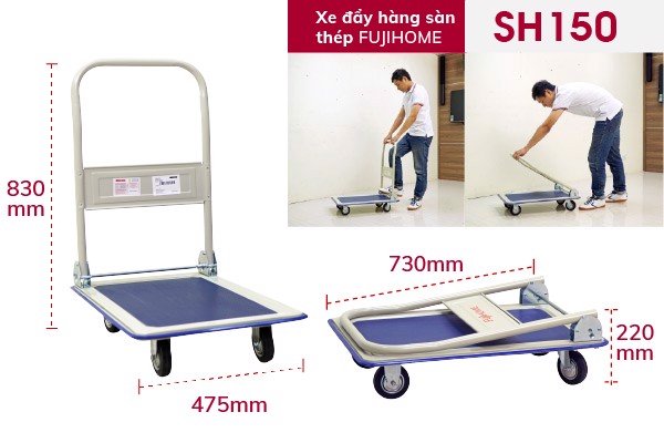 Xe đẩy hàng 4 bánh sàn thép 4 bánh FUJIHOME SH150