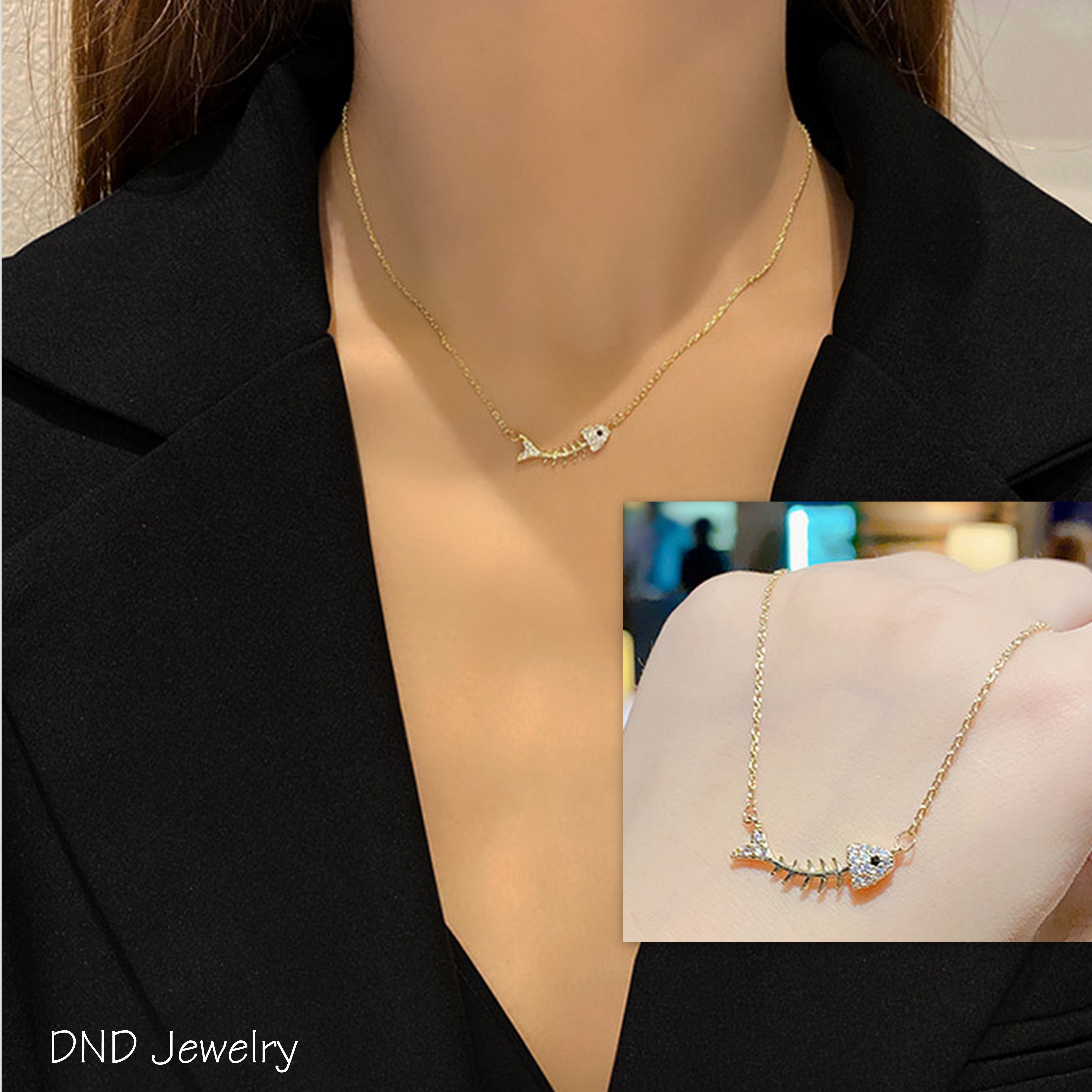 Vòng cổ bạc mạ vàng ánh kim lấp lánh hình xương cá sang trọng, Dây chuyền nữ sợi mảnh thời trang hàn quốc, chất lượng bạc S925