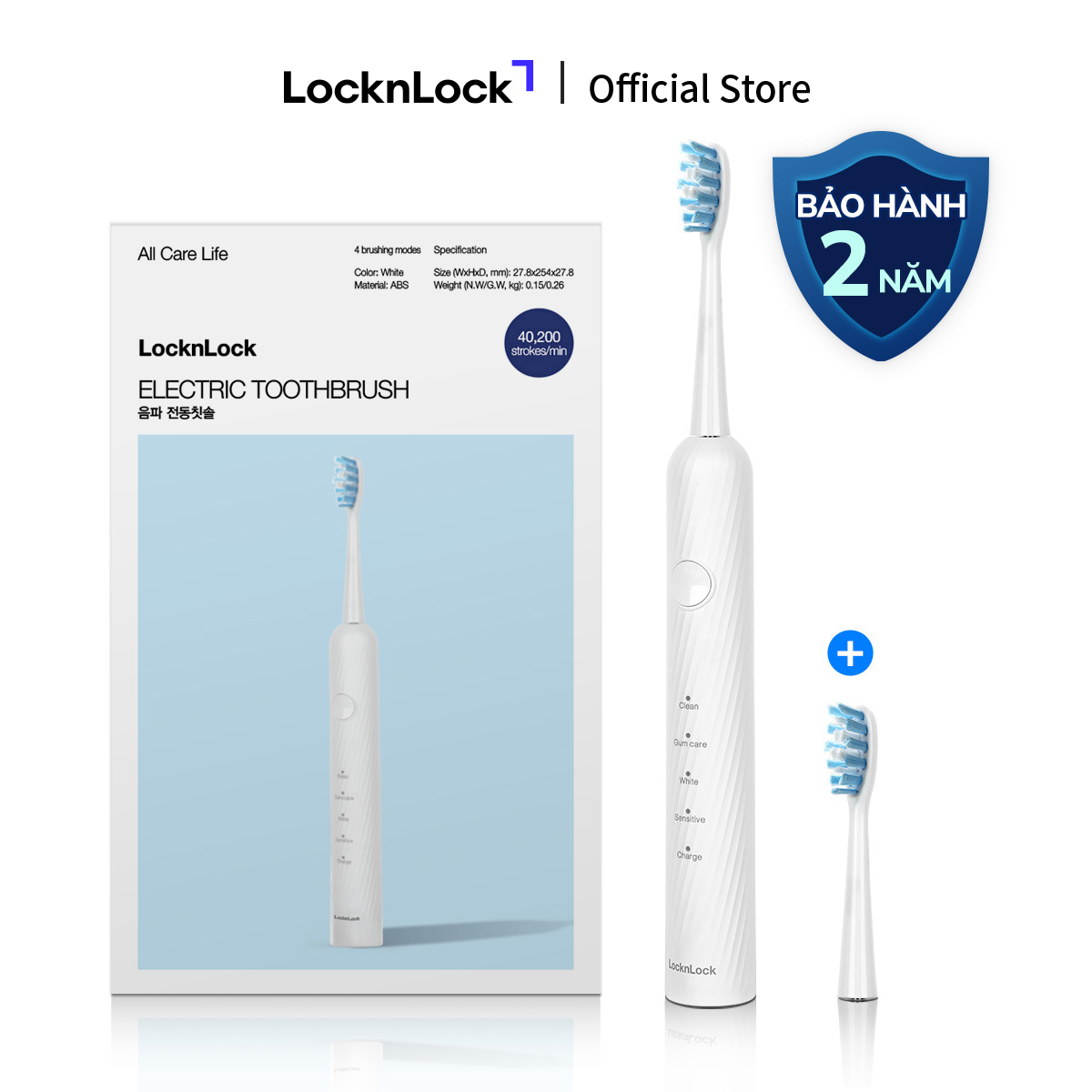 Bàn chải đánh răng điện LockLock Sonic Electric Toothbrush 40,000 VPM ENR331WHT - Công suất 1.8W - Màu trắng