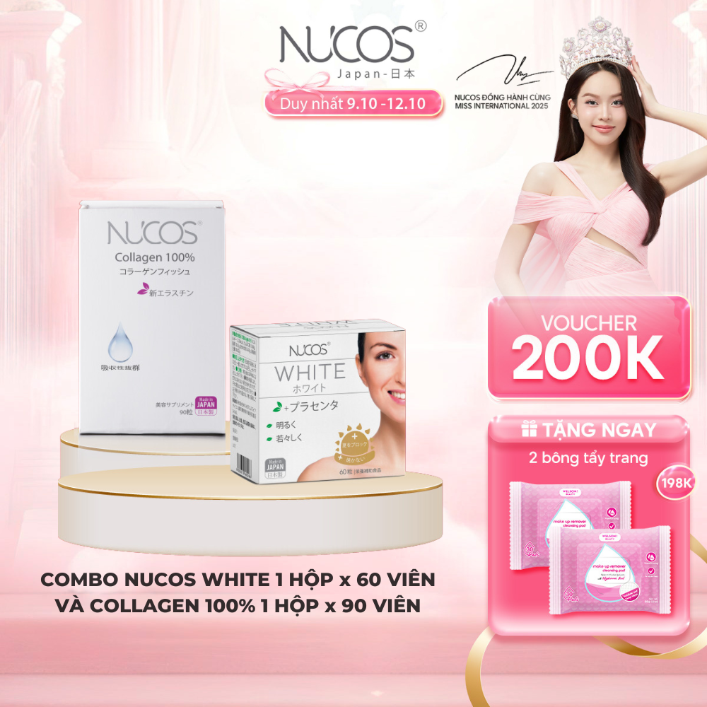 Combo Trắng Da Chống Lão Hoá TPBVSK Viên Uống Nucos White Hộp 60 Viên Và TPBVSK Nucos Collagen 100% Hộp 90 Viên