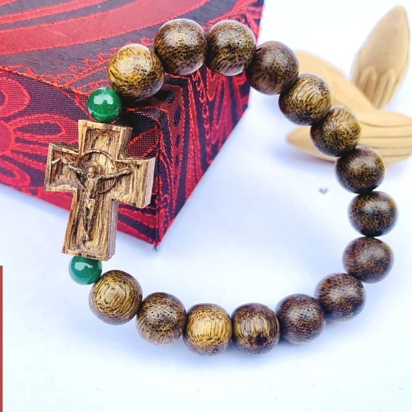 Vòng tay trầm hương tự nhiên mix Mân côi công giáo, cỡ hạt 10li Nam Nữ đeo, mùi thơm vĩnh viễn