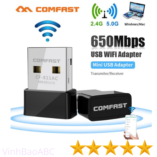 USB Wifi COMFAST CF-811AC Băng Tần Kép 2.4 Và 5 Ghz ( Hỗ Trợ MacOS, Windows, Hackintosh )