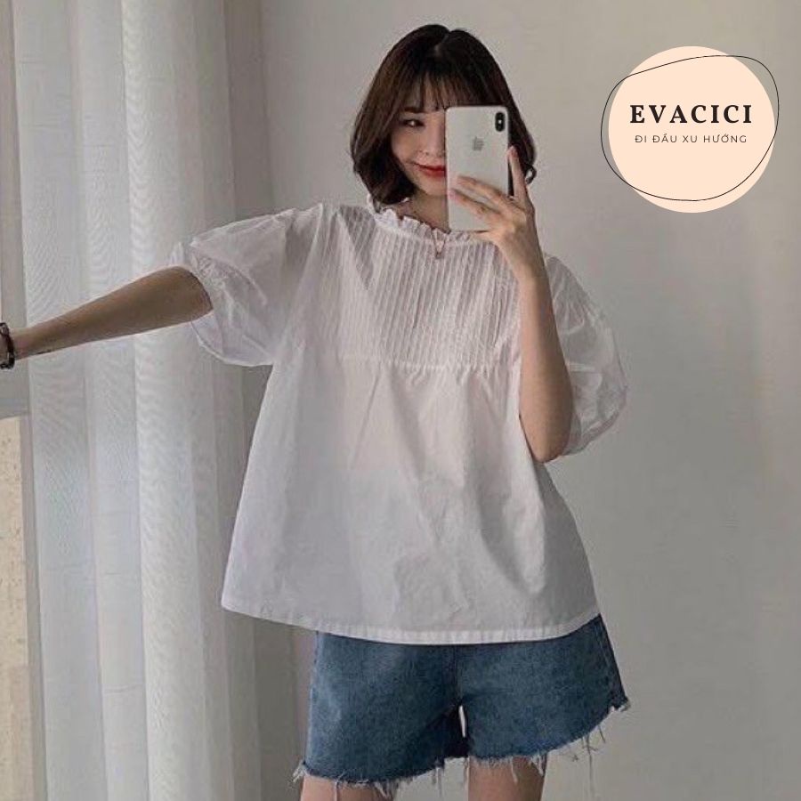 Áo sơ mi nữ cộc tay bồng xếp ly ngực cổ ren điệu. Áo babydoll xếp ly ngực chất mát