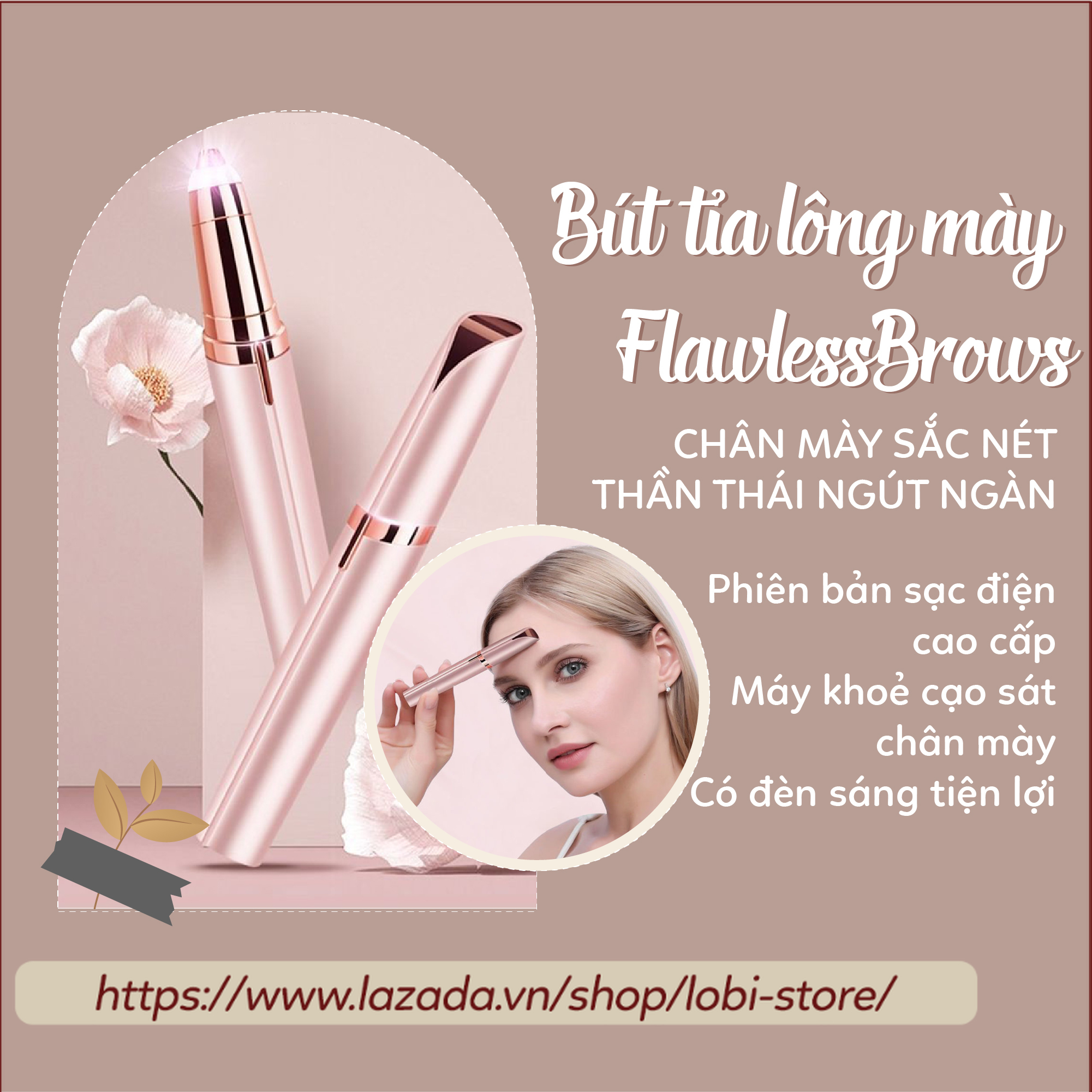 Máy tỉa lông mày Flawless Brows Bút tỉa lông mày cao cấp loại sạc điện điện có đèn rọi Lobi Store
