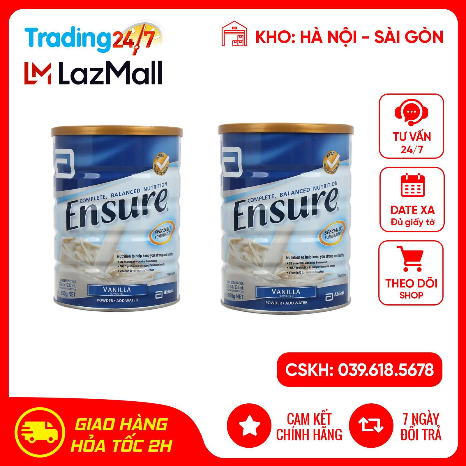[GIẢM 40K ĐƠN 1,2TR] Combo 2 Lon sữa Ensure Úc 850gr  vị Vani