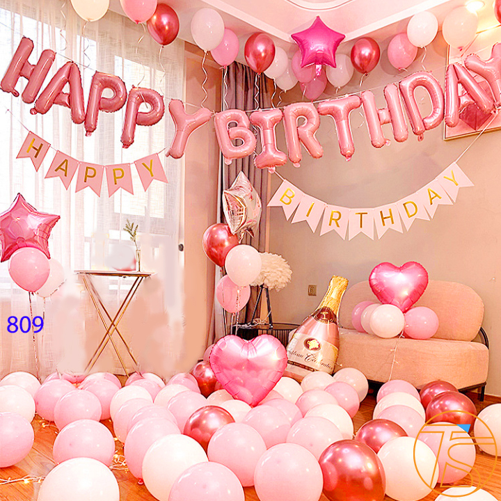 Sét bong bóng trang trí sinh nhật màu hồng - Bộ trang trí sinh nhật happy birthday - Decor trang trí tiệc