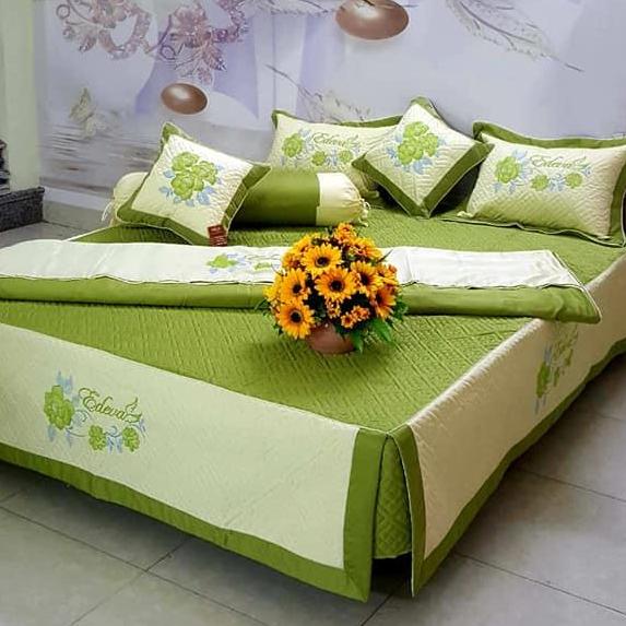 Bộ chăn ga satin 1m6x2m phủ giường 7 món màu xanh cốm cao cấp