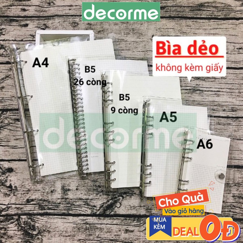 Bìa sổ còng nhựa trong DẺO cúc bấm A4 B5 A5 A6 A7 tặng kèm thước phụ kiện sổ còng Decorme