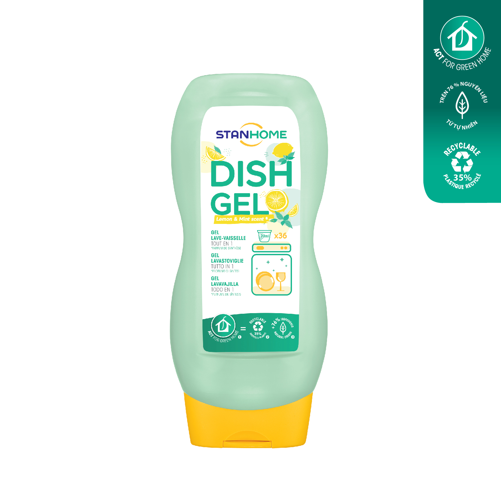 Gel rửa bát chuyên dụng cho máy rửa bát hương Chanh Bạc Hà All in One Stanhome DISH GEL Lemon Mint Scent720ml/chai