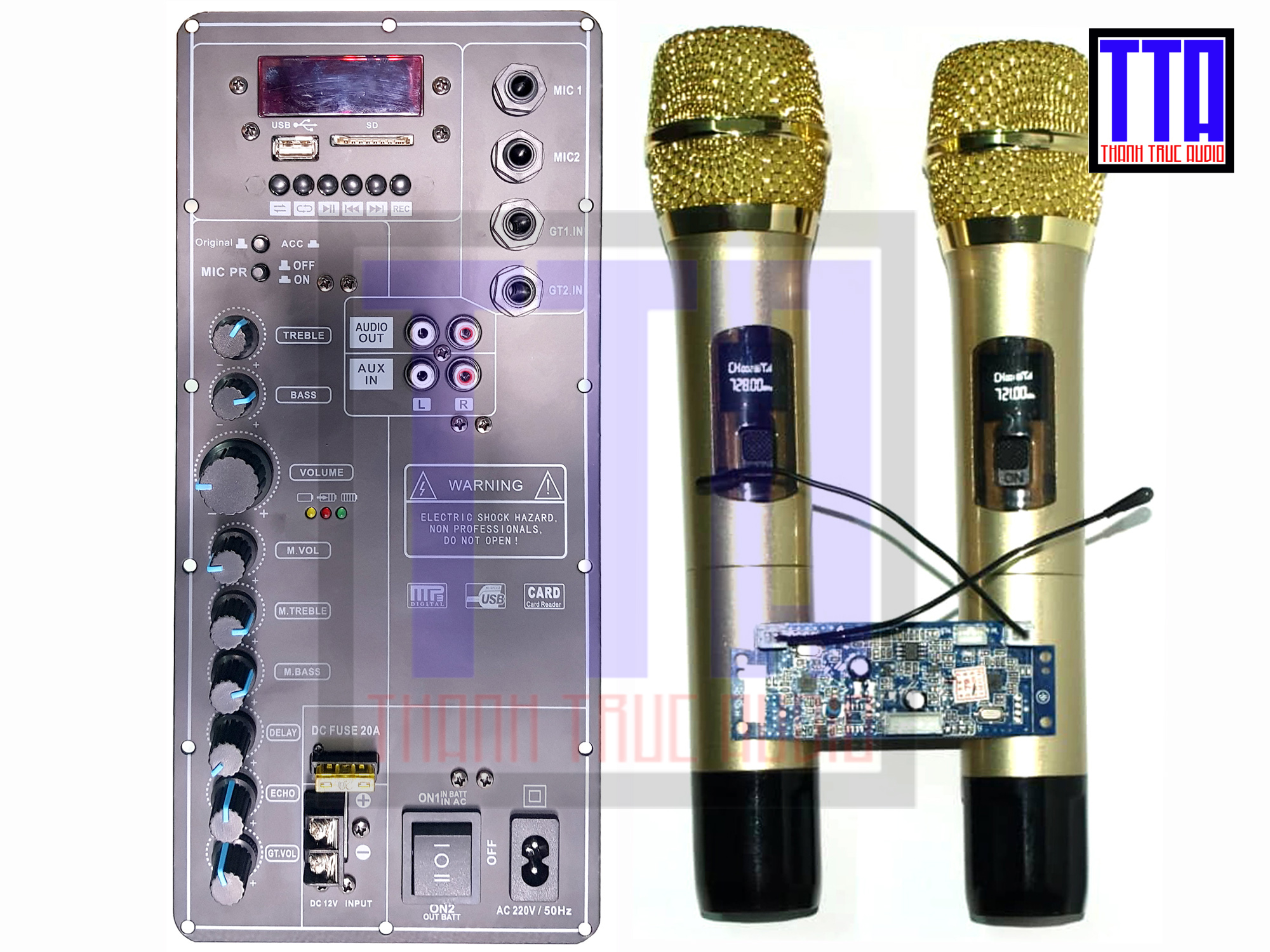 [HCM]Bộ mạch loa kéo 4 tấc đơn 250W + 1 cặp micro UHF 1606D-V2