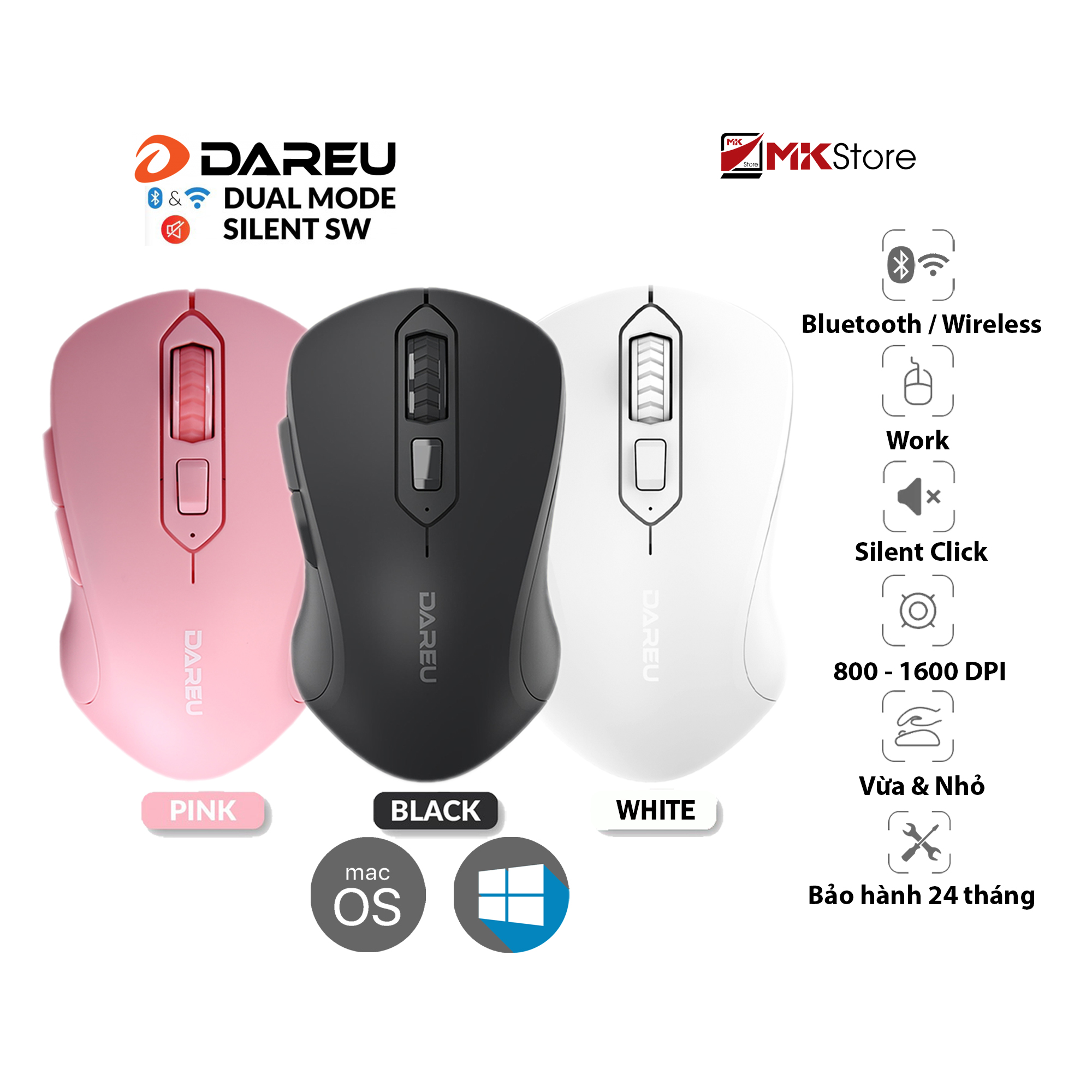 Chuột máy tính không dây dareu lm115b silent | bluetooth 5.0 | wireless 2.4ghz mkstore
