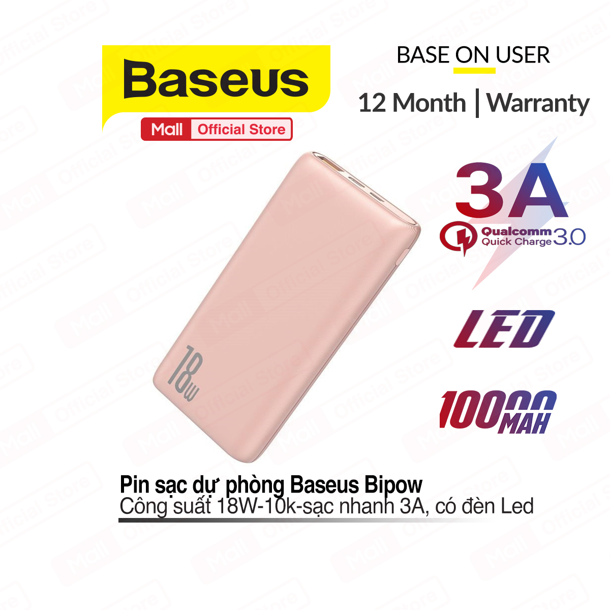 Pin dự phòng sạc nhanh Baseus Bipow 10000mAh tích hợp PD/QC công suất lên đến 18W 3 cổng sạc QC3.0+PD3.0 sạc nhanh 2 chiều