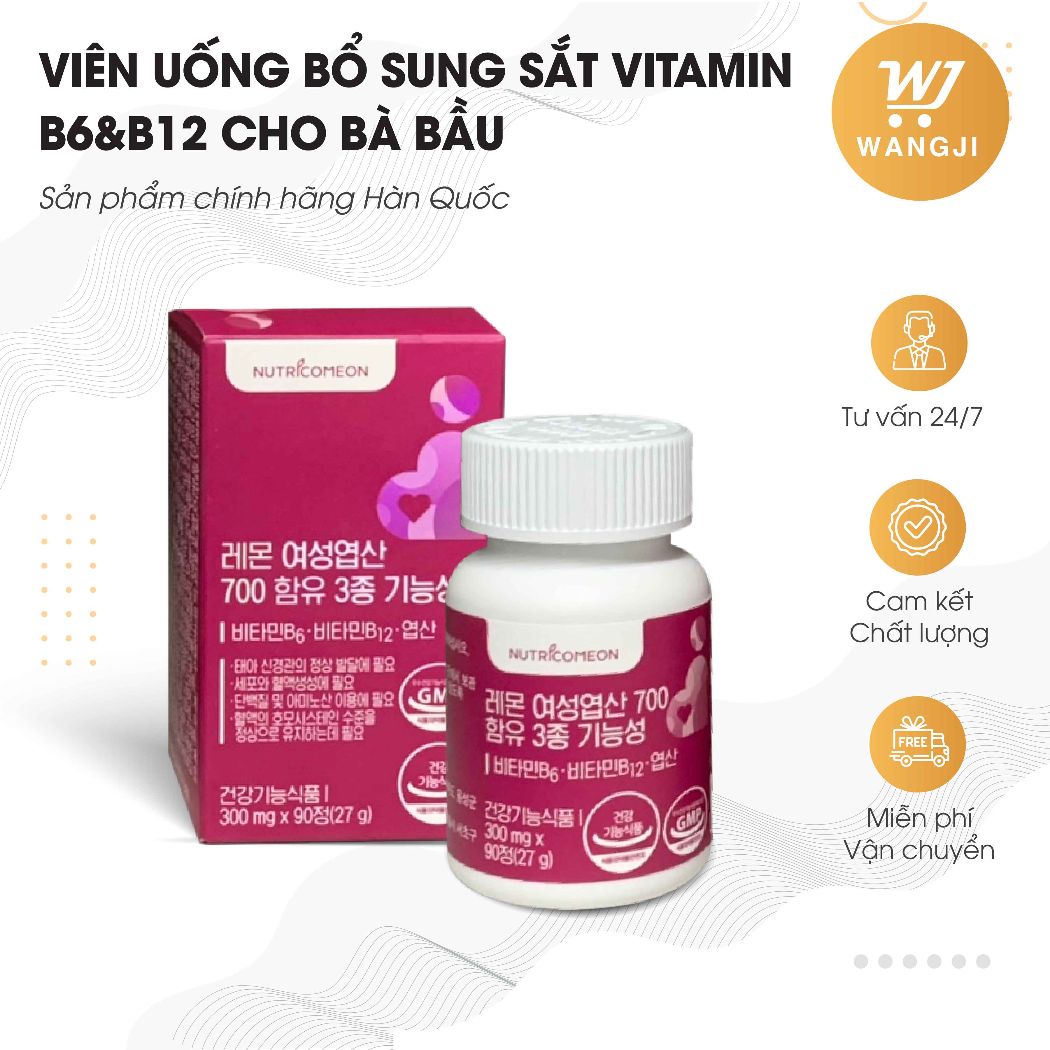 Viên Uống Cung Cấp Sắt và Vitamin B6&amp;B12 NUTRICOMEON Dành Cho Mẹ Bầu Hộp 90 Viên Hàng Chính Hãng Hàn Quốc