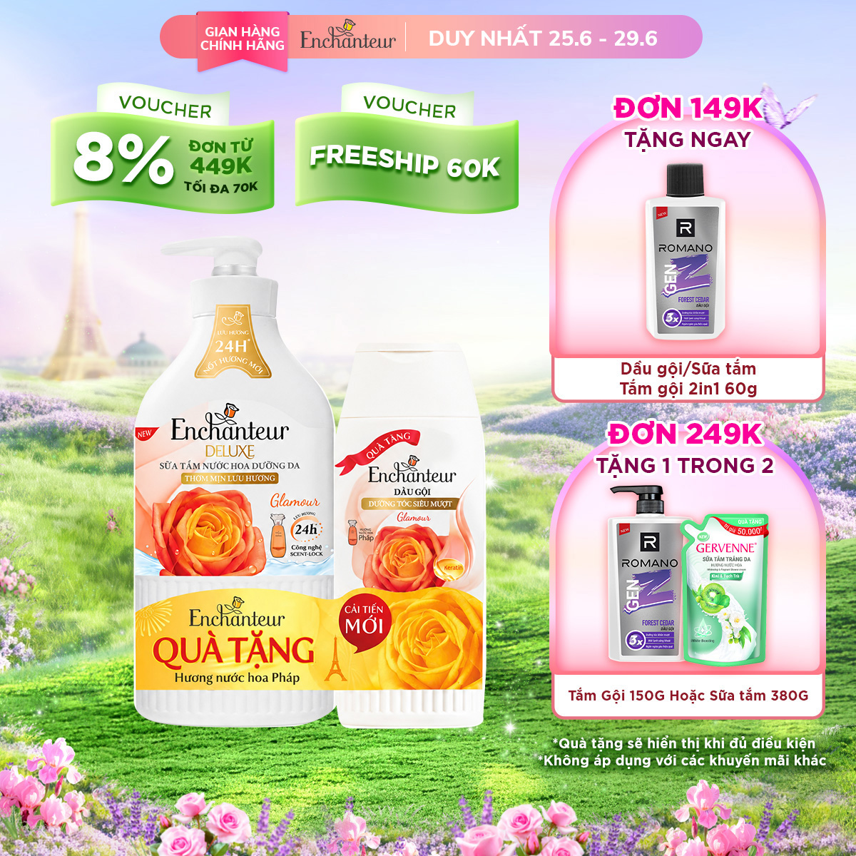 [MUA 1 TẶNG 1] Sữa tắm Enchanteur hương nước hoa Charming/Glamour/Sensation/Romantic 650g TẶNG 1 Túi sữa tắm 200g/150g