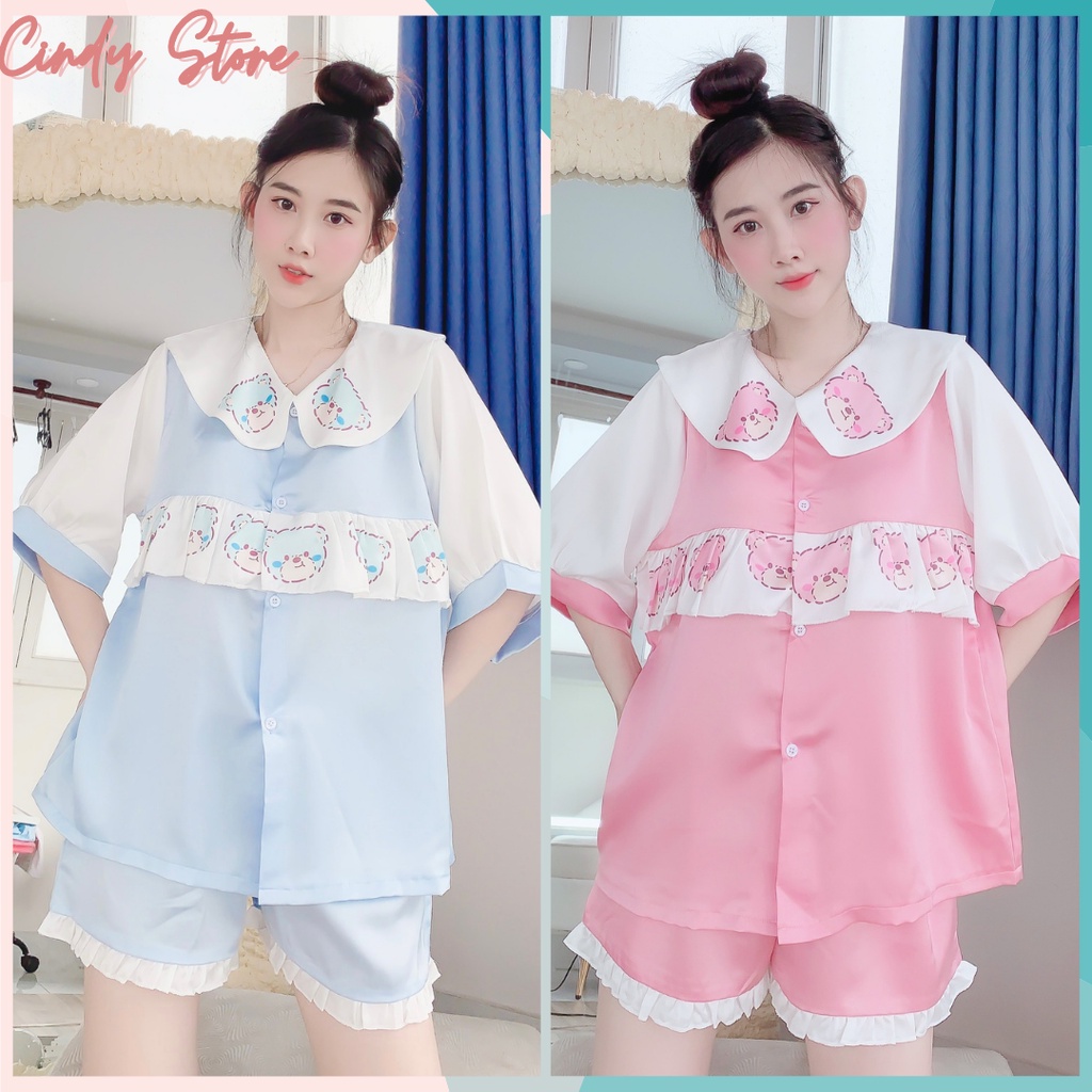 Đồ bộ pyjama ngắn lụa satin cao cấp - đồ bộ đùi freesize dưới 70kg cindystore