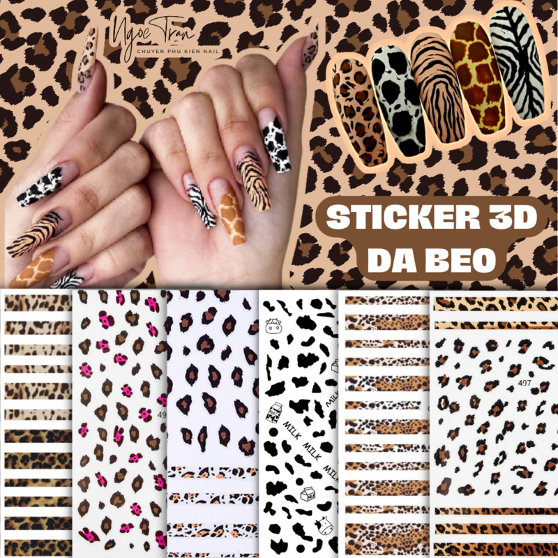 Sticker 3d | da beo & bò sữa | hình dán móng tay
