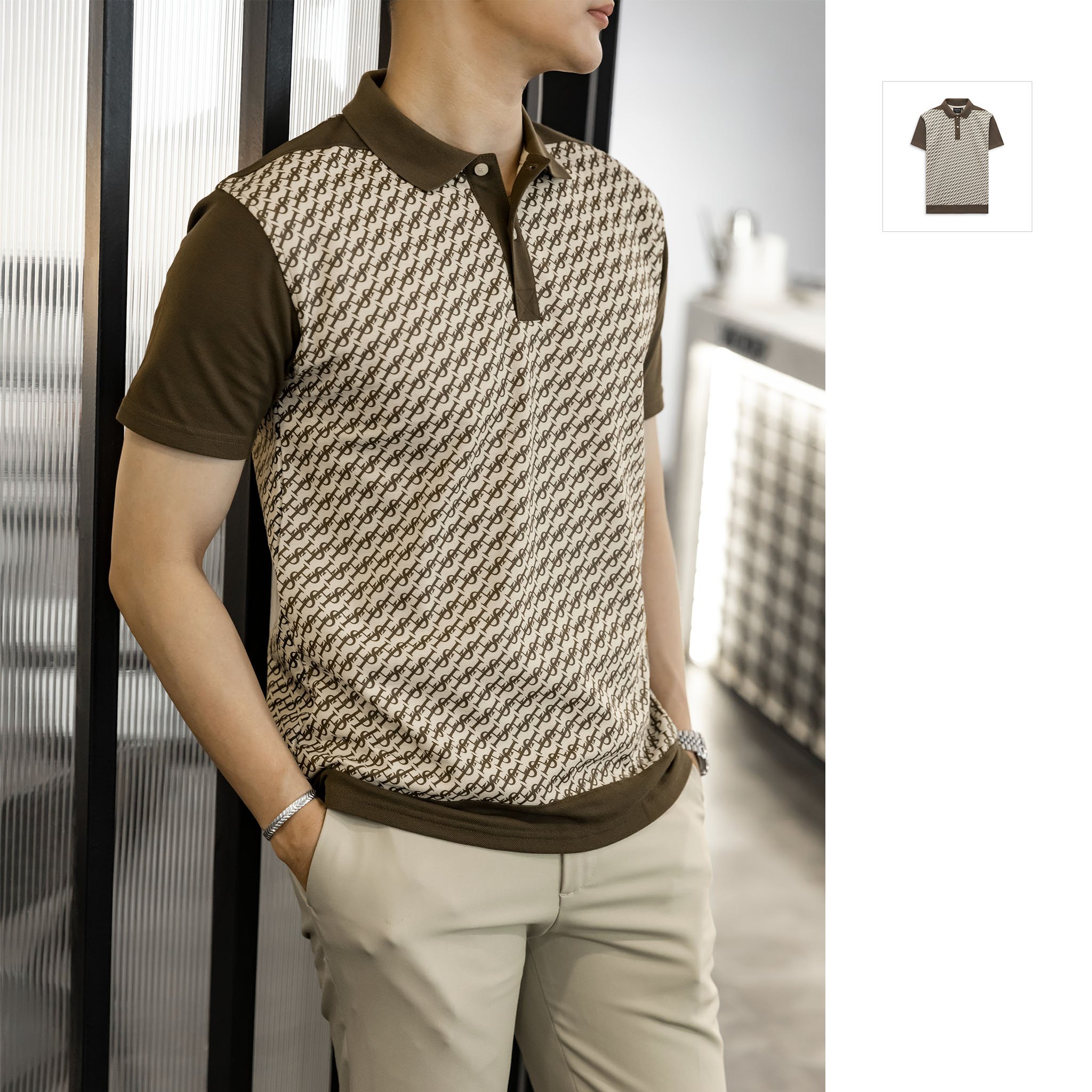 Áo Polo Nam Brand Logo Vector Beige Brown, Chất Vải Cá Xấu TC 2 Chiều Thoải Mái, PL0073-01, SOMEHOW