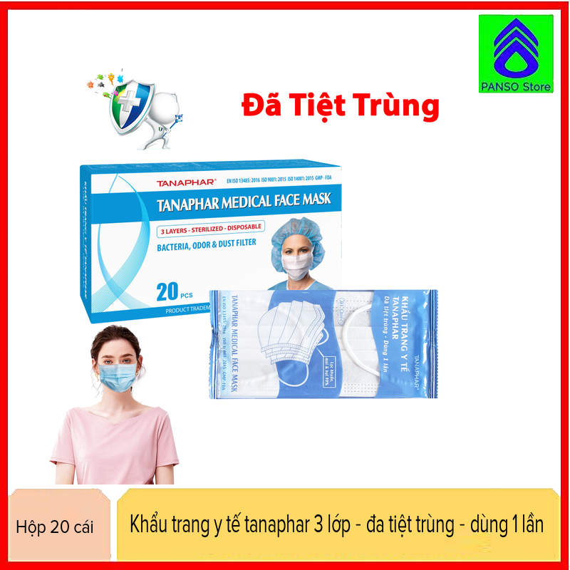 Khẩu trang y tế kháng khuẩn, tiệt trùng 3 lớp hộp 20 cái màu trắng Tanaphar - [PANSO Store]