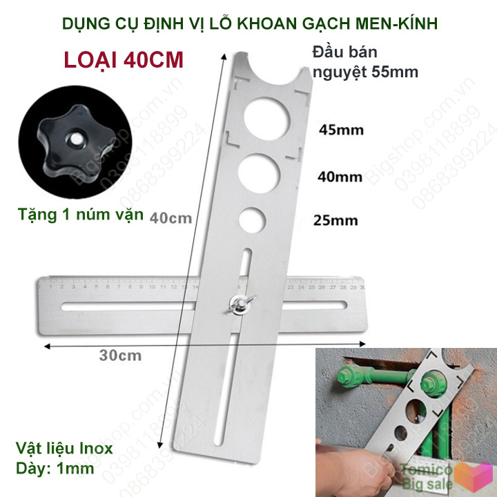 [Hà nội] Thước định vị khoét lỗ gạch men, kính đa năng bằng inox 201 không gỉ, tặng kèm 01 núm vặn
