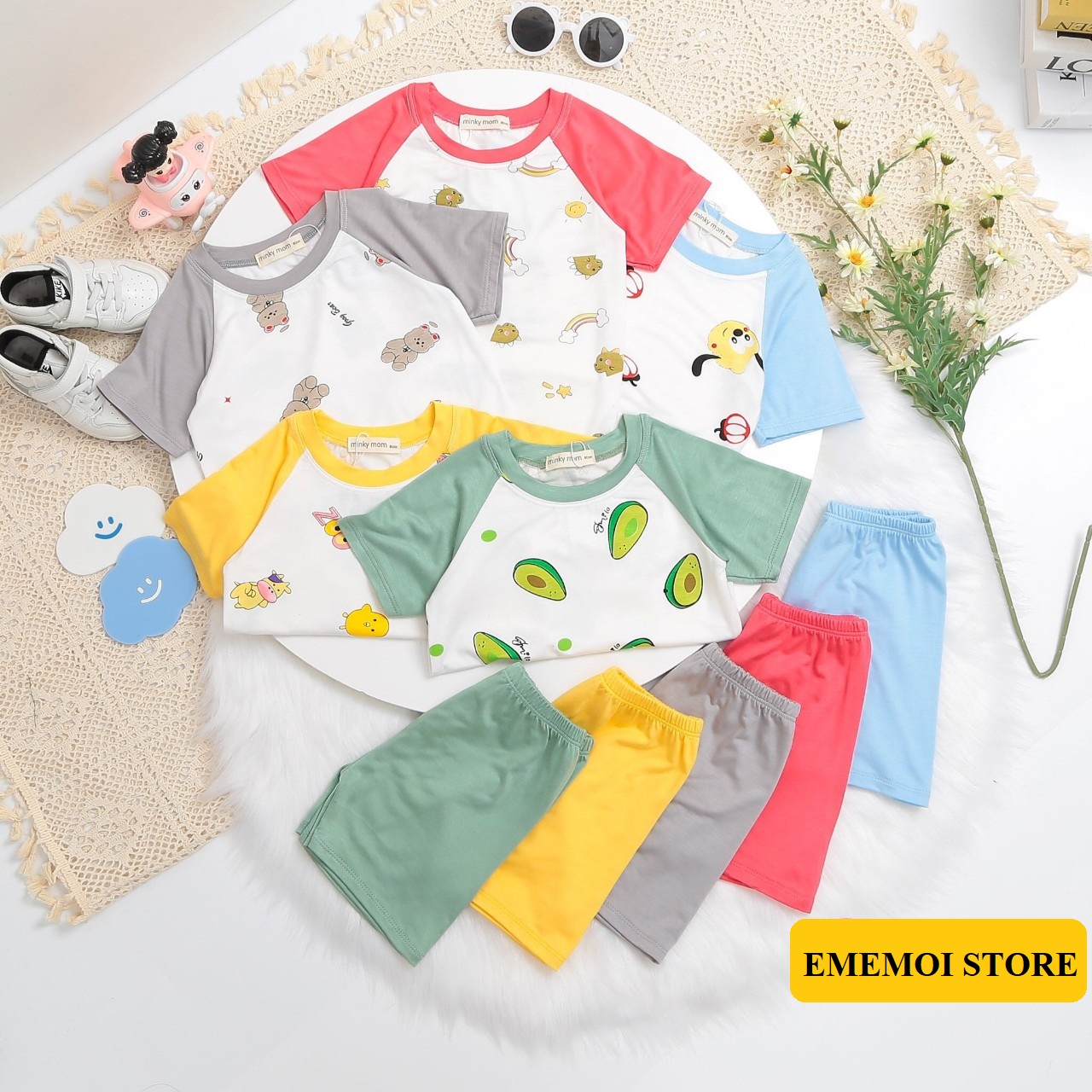 Đồ bộ MINKY MOM cho bé trai bé gái cộc tay thun lạnh loại 1 ráp lăng, bộ quần áo trẻ em bé mặc ở nhà monky mom 6-18 ký 1 2 3 4 5 tuổi