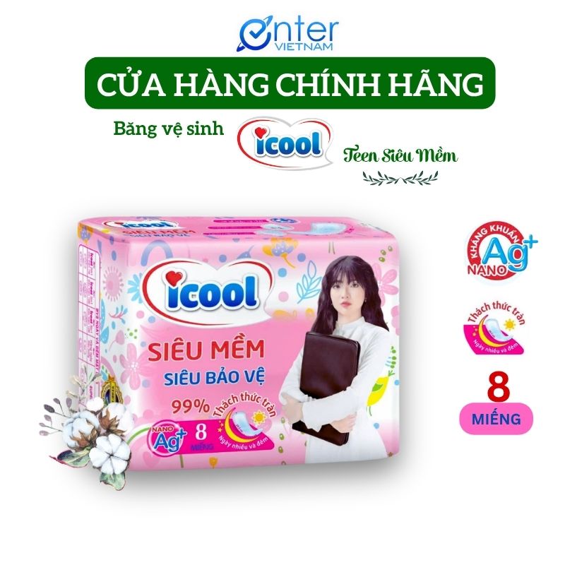 [Hàng Chính Hãng] Băng vệ sinh ICOOL TEEN siêu bảo vệ 8 miếng, MẶT VẢI, không cánh, không mát, chống tràn