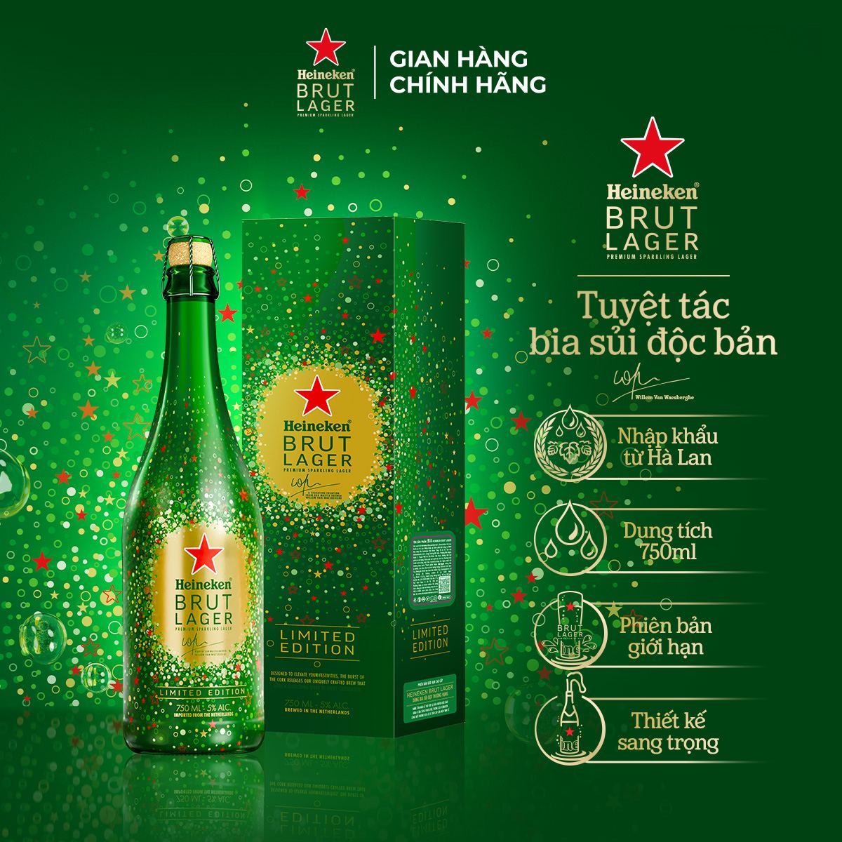 Bia Sủi Heineken Brut Lager 750ml/chai - NHẬP KHẨU HÀ LAN