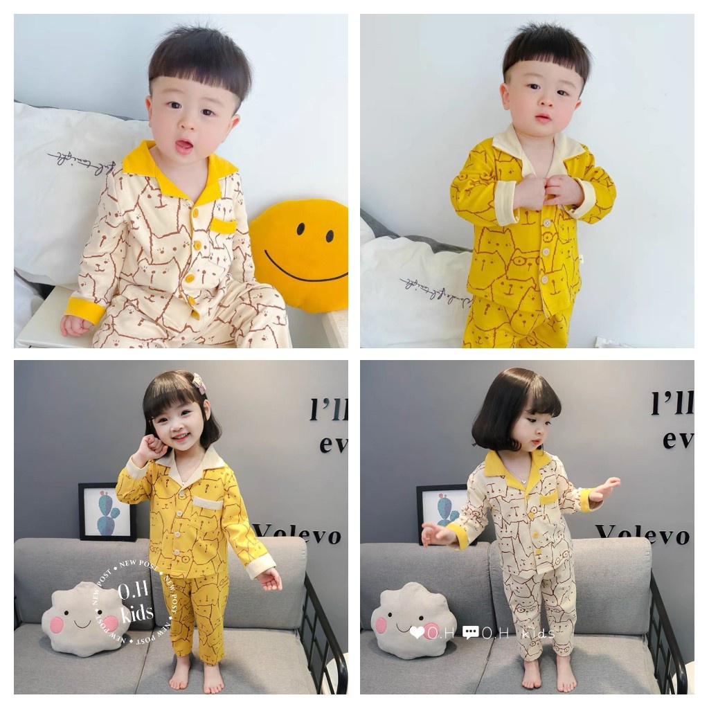 Bộ pijama chất đũi in mặt mèo cho bé trai bé gái xinh xắn size 9-19kg