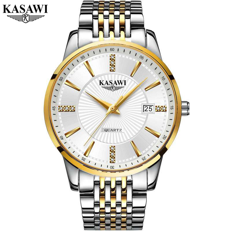 Đồng Hồ - Đồng Hồ nam KASAWI KI2288 doanh nhân 2020 lịch ngày sang trọng đính đá đẳng cấp dây thép không gỉ - FULL BOX