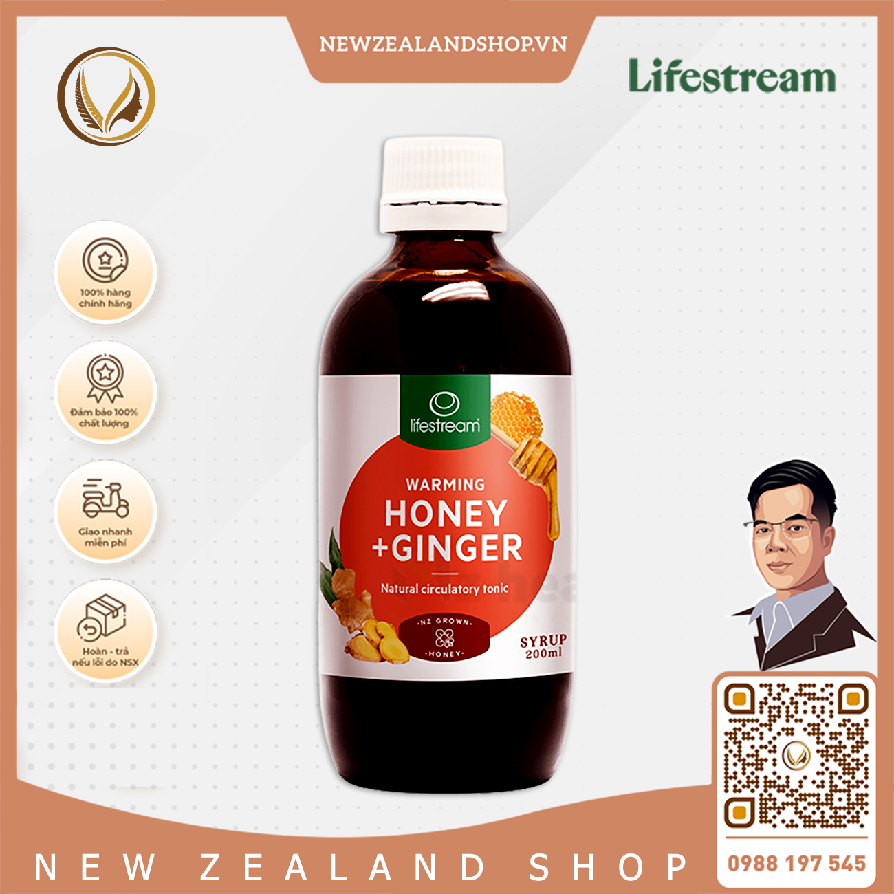 Siro gừng mật ong giảm ho đau họng, hỗ trợ tiêu hóa Lifestream Honey & Ginger 200ml