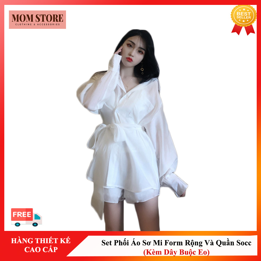 Set phối áo sơ mi form rộng và quần socc momstore xinh xắn, áo sơ mi dấu quần,sơ mi oversize