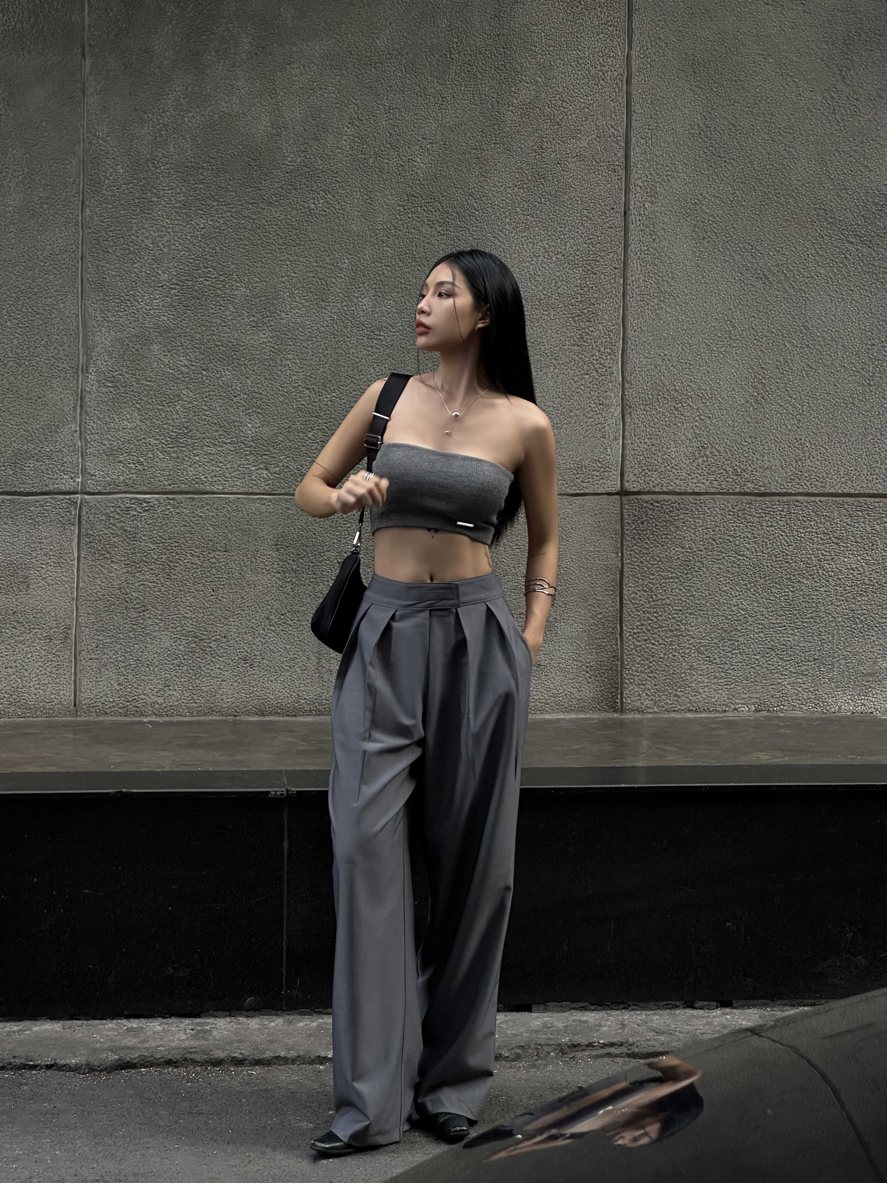 Highchic - quần tây xám ống rộng xếp ly- grace pants - xám - kiểu dáng sang trọng