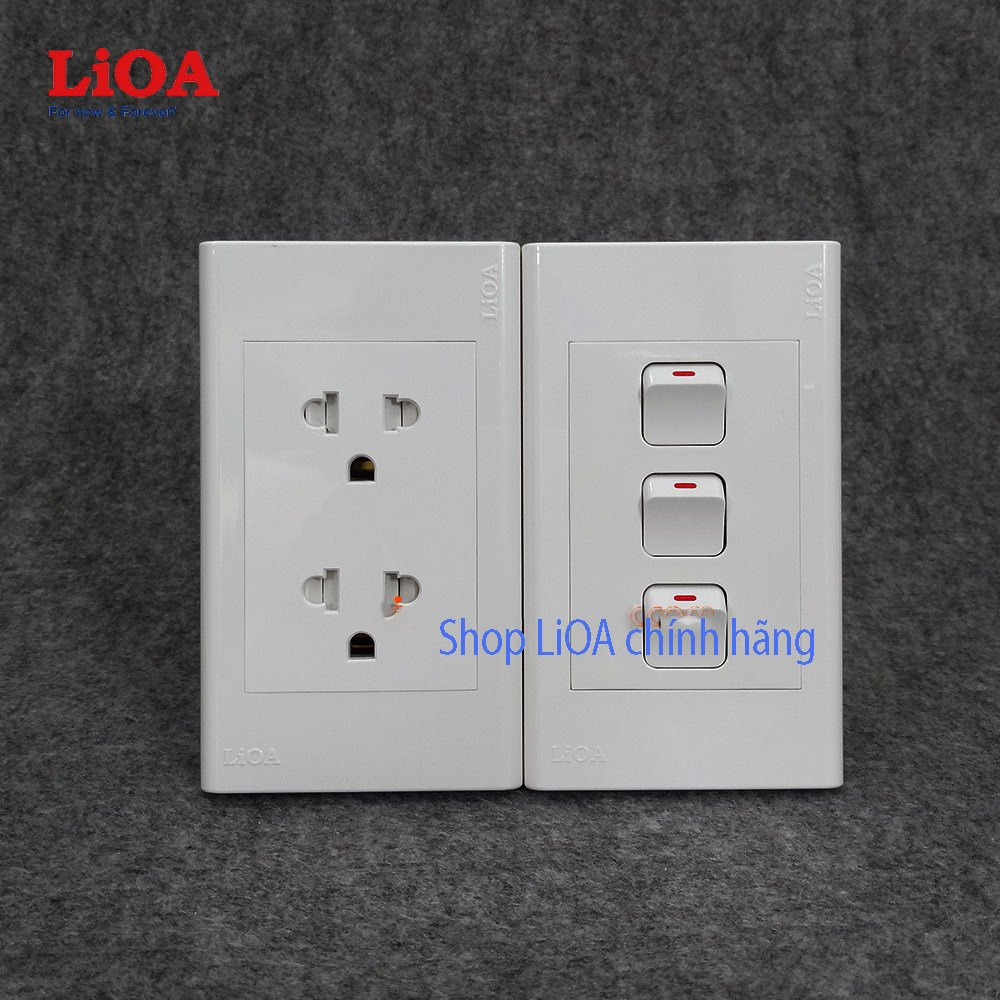 [Lắp nổi] Combo ổ cắm điện đôi 3 chấu 16A (3520W) + 3 công tắc điện LiOA - Lắp nổi