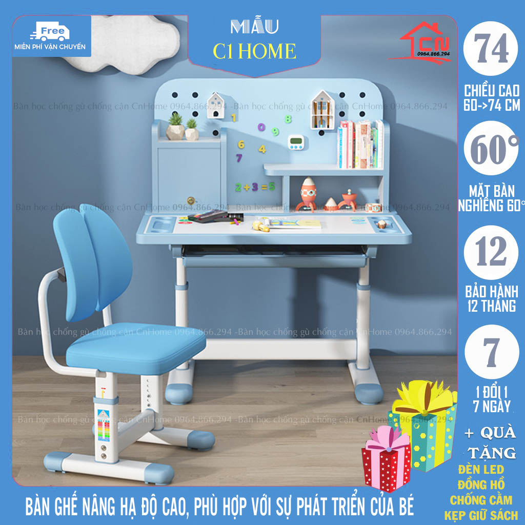 Bàn học cho bé thông minh chống gù chống cận CnHome C1 🎁𝑭𝑹𝑬𝑬𝑺𝑯𝑰𝑷🎁TẶNG ĐÈN HỌC, ĐỒNG HỒ, CHỐNG CẰM VÀ KẸP GIỮ SÁCH