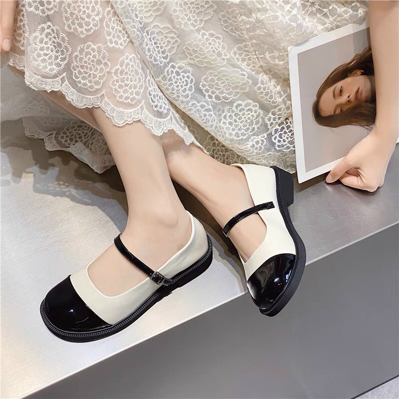 Giày Búp Bê Lolita Nữ , Giày Mary Jane Da Bóng mũi phối màu siêu xinh