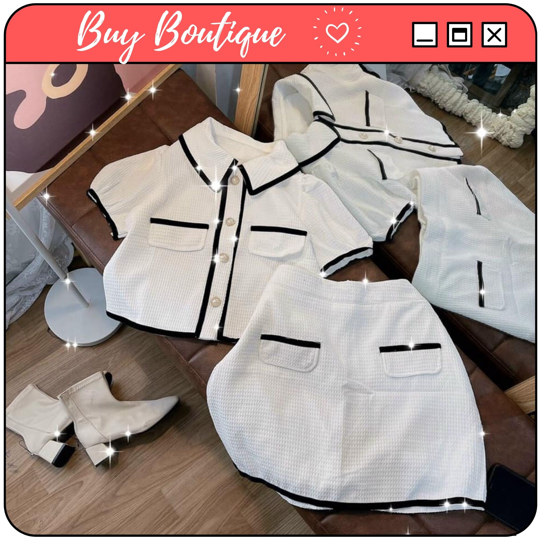 Set áo dạ xốp cổ sen viền đen +chân váy trắng