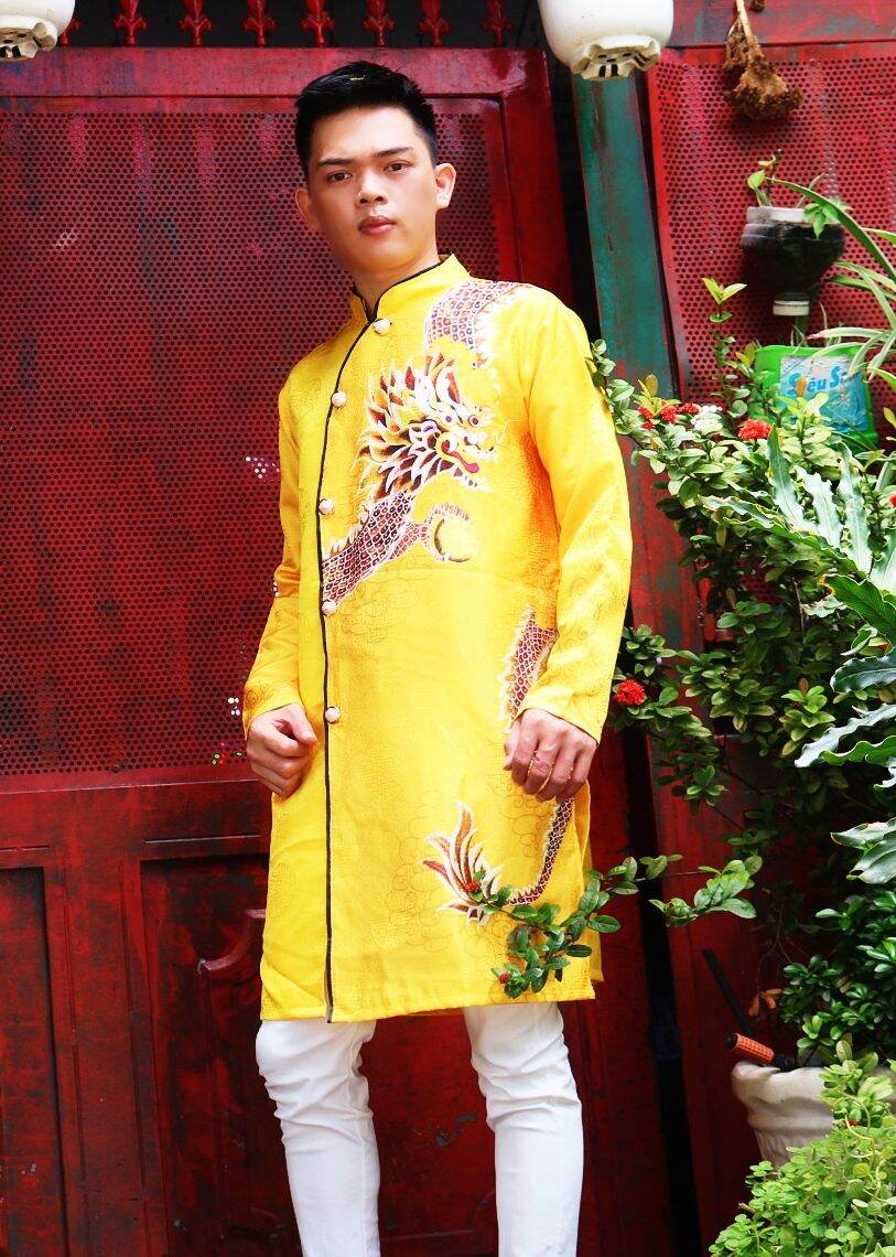 Áo dài nam chất vải gấm thương hải