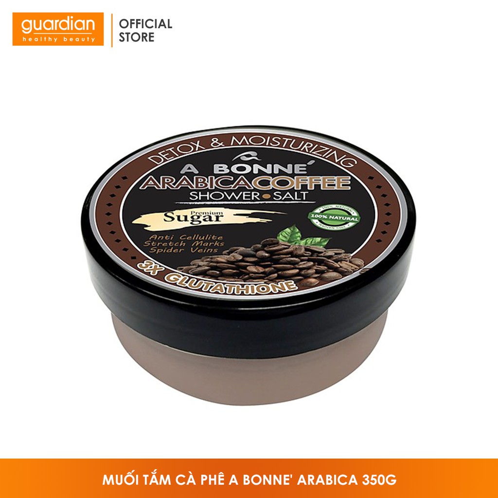 Muối tắm cà phê kết hợp đường tẩy tế bào chết, A Bonne Arabica Coffee Shower Salt, muối tắm cafe Thái Lan dạng hũ 350gr