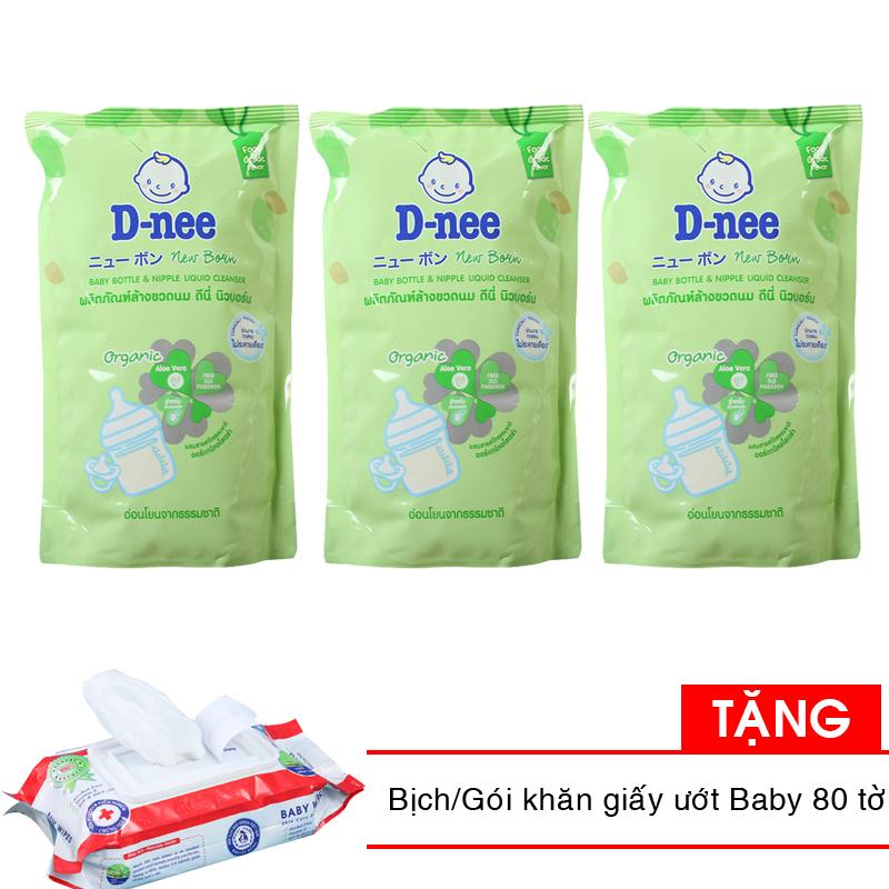 Combo 3 bịch nước rửa bình sữa và rau quả dnee 600ml tặng 1 bịch khăn ướt 80 tờ