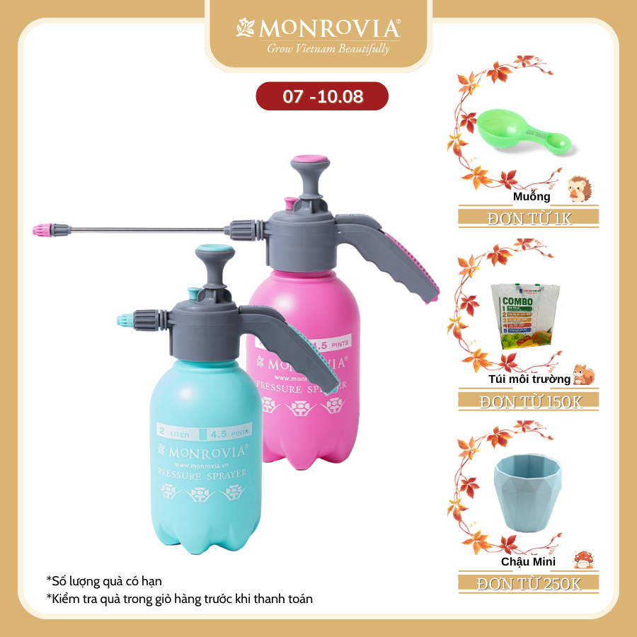 Bình xịt tưới cây MONROVIA 2 lít, phun sương tưới cây cảnh, vòi dài, tặng vòi ngắn, màu xanh, tiêu chuẩn Châu Âu