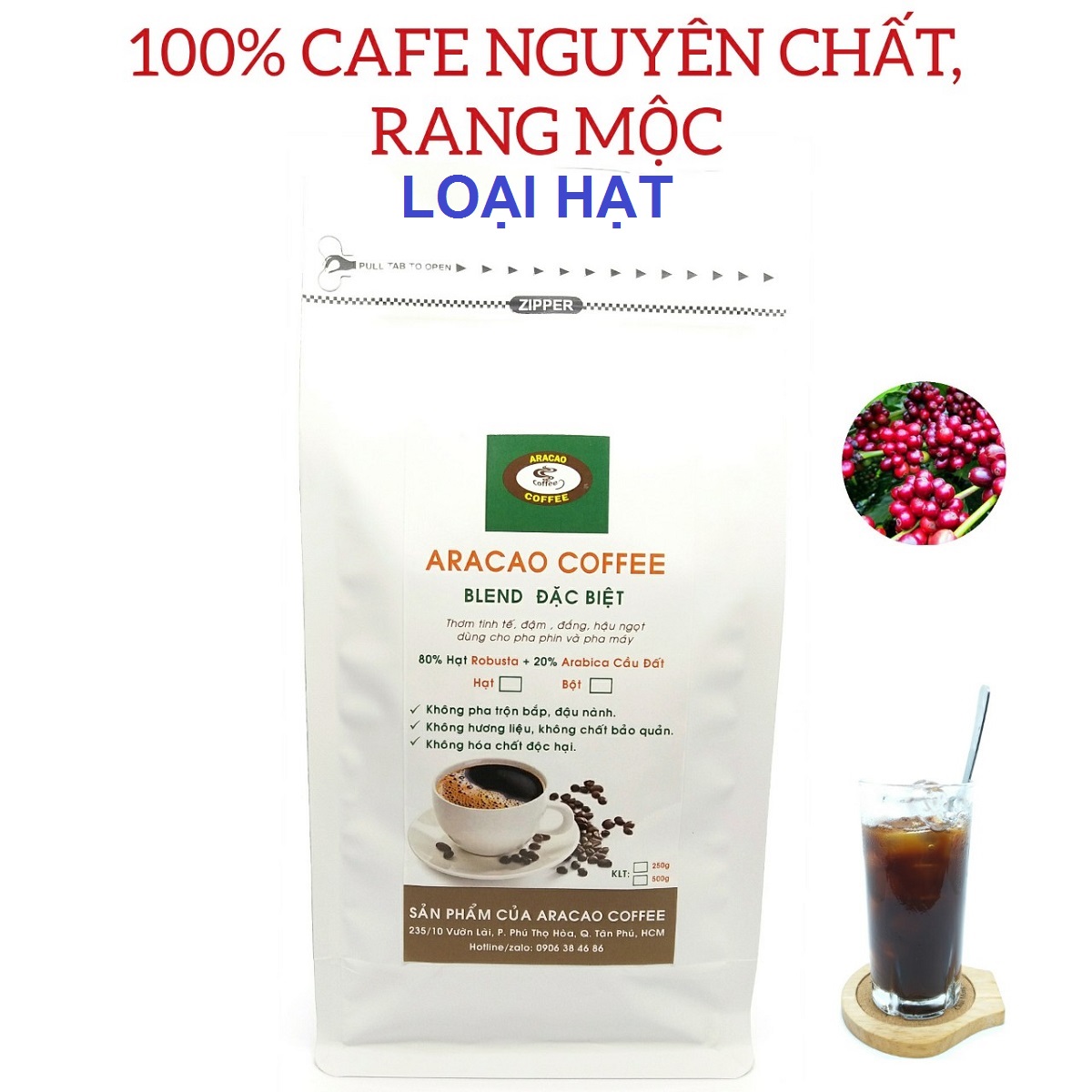 Cà phê rang xay BLEND ĐẶC BIỆT- ARACAO COFFEE- thơm đắng đậm đà ngọt chua cân bằng [Gói HẠT 500g]