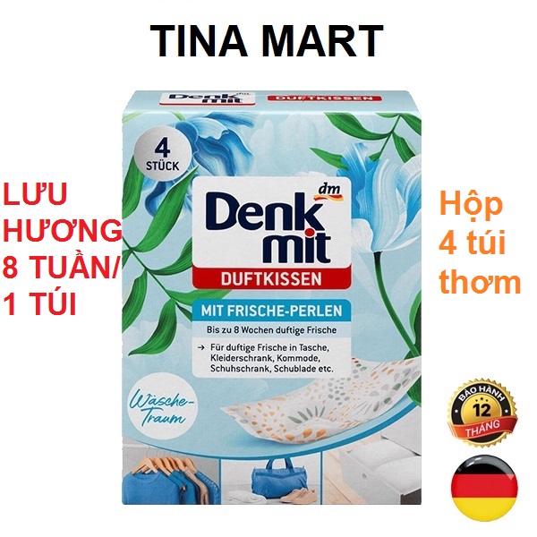 Túi thơm tủ quần áo Denkmit chính hãng Đức, túi thơm treo tủ quần áo, tủ giày dép, vali hương thơm tươi mát dễ chịu, 4 túi trong 1 hộp lưu hương tối đa 8 tuần cho 1 túi