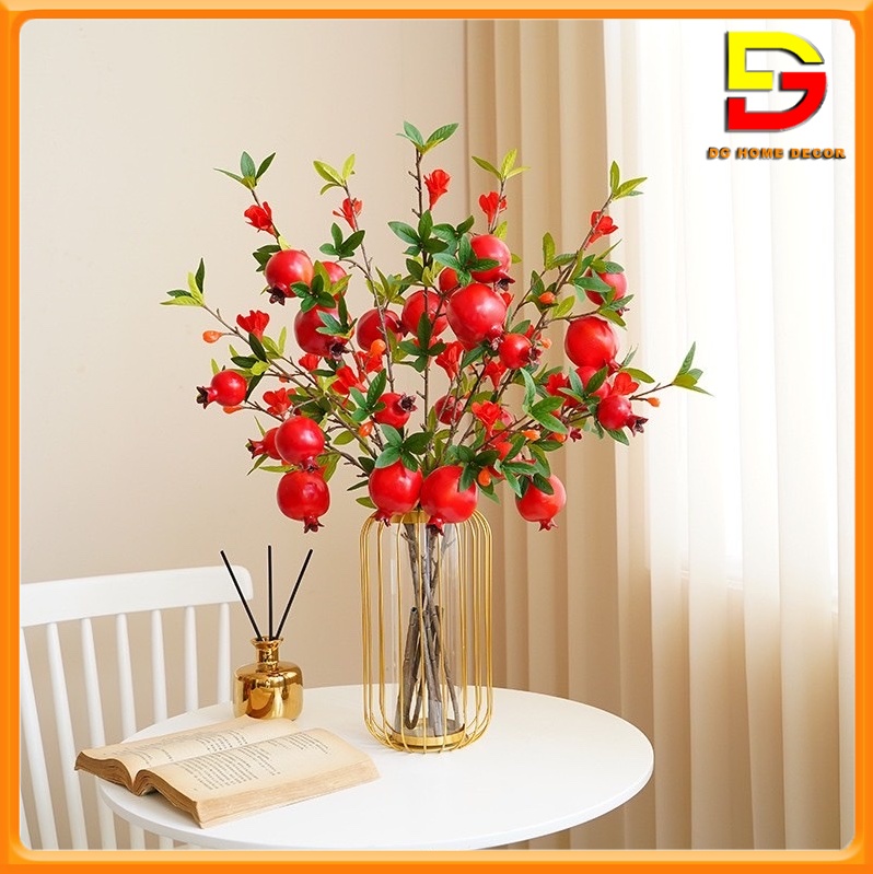 Bình lựu đỏ thuỷ tinh khung sắt decor nhà cửa trang trí tết đón tài lộc may mắn dg-160