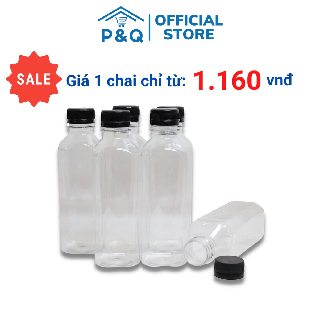 Chai nhựa Vuông nắp đen 330ml số lượng 50 chai dùng làm trà thái, sữa chua uống, nước ep hoa quả.detox