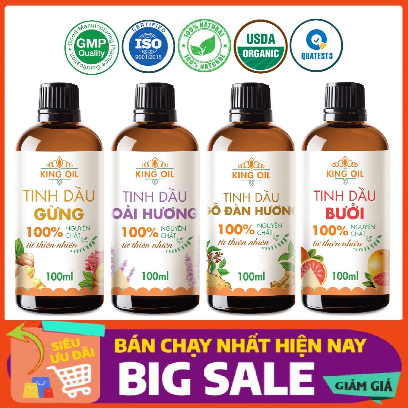 Tinh dầu thiên nhiên 100ml Sả Chanh/ Bạc Hà/ Cam/ Oải hương/ Bưởi/ Quế/ hoa Lài/ Gừng/ Trầm/ tràm huế/ Quýt/ hoa Hồng/ Lavender/ Hương nhu/ Sả java